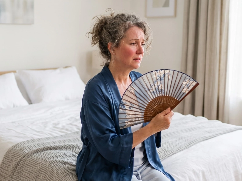 Mulher madura de cabelos grisalhos cacheados, sentada na beira da cama vestindo um roupão azul sutil, abanando o próprio rosto com a mão enquanto sente uma onda de calor.