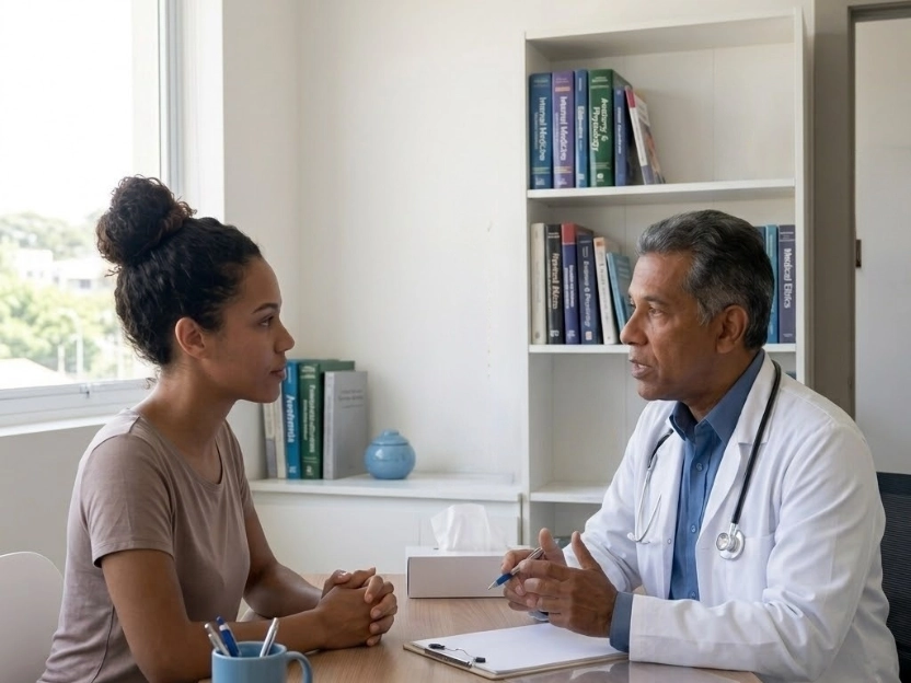 Uma jovem paciente sentada com as mãos cruzadas ouve atentamente as explicações de um médico de jaleco branco, que gesticula de forma explicativa do outro lado da mesa em um consultório claro e organizado. Há uma caneca azul sutil sobre a mesa.