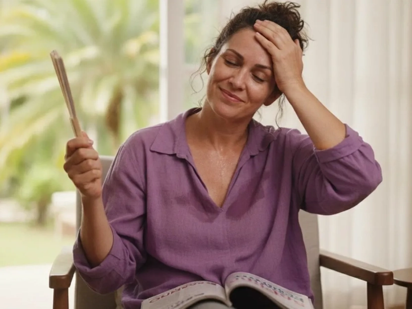 Mulher de meia-idade sentada em uma cadeira, com expressão de calor e suor na testa, se abanando com um leque, representando um dos sintomas da menopausa.
