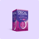 Visão em perspectiva da embalagem rosa do suplemento Oscal Cálcio + Vitamina D 1000UI