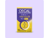 Visão frontal da embalagem amarela do suplemento Oscal Cálcio + Vitamina D 400UI.