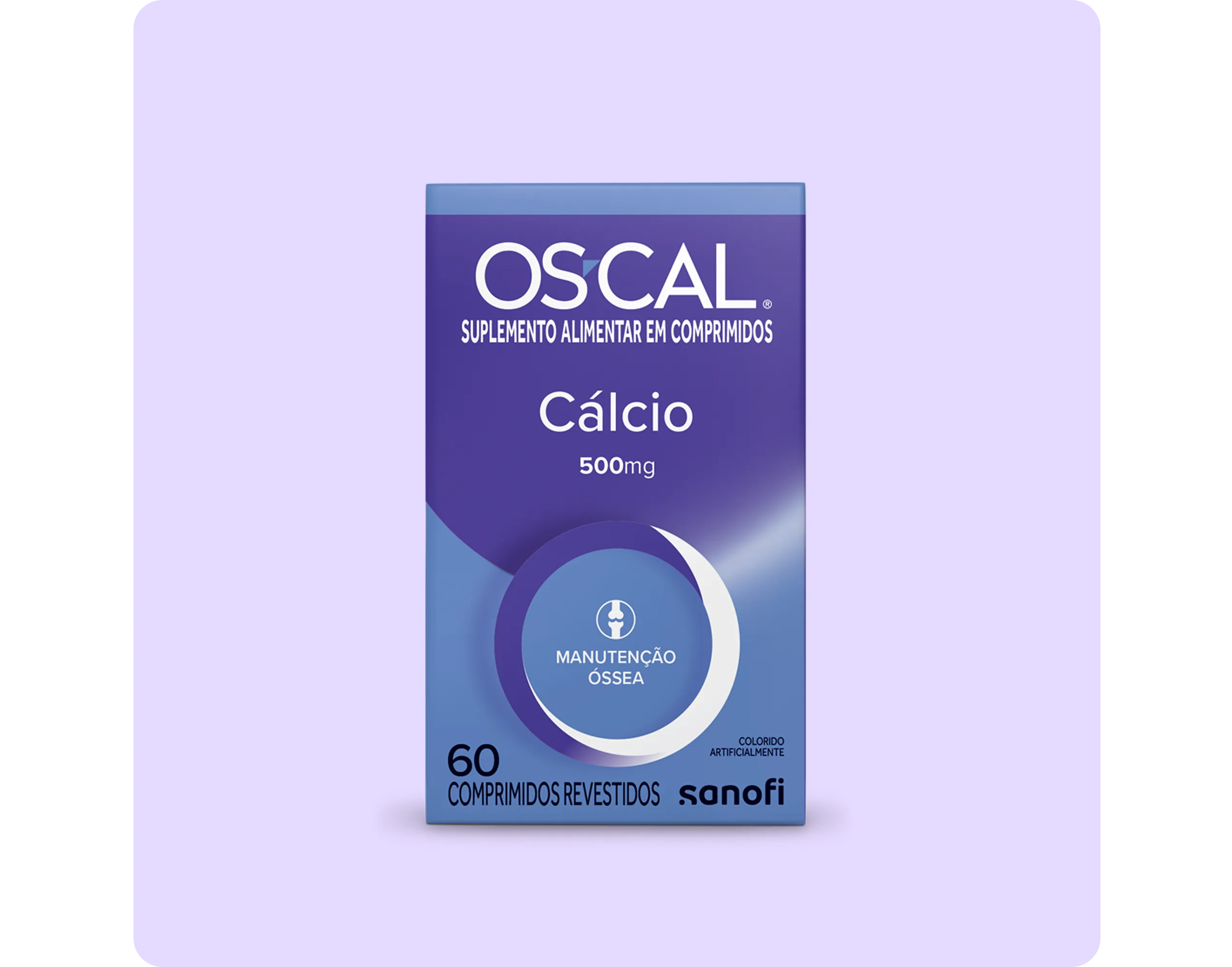 Visão frontal da embalagem azul do suplemento Oscal Cálcio 500mg.