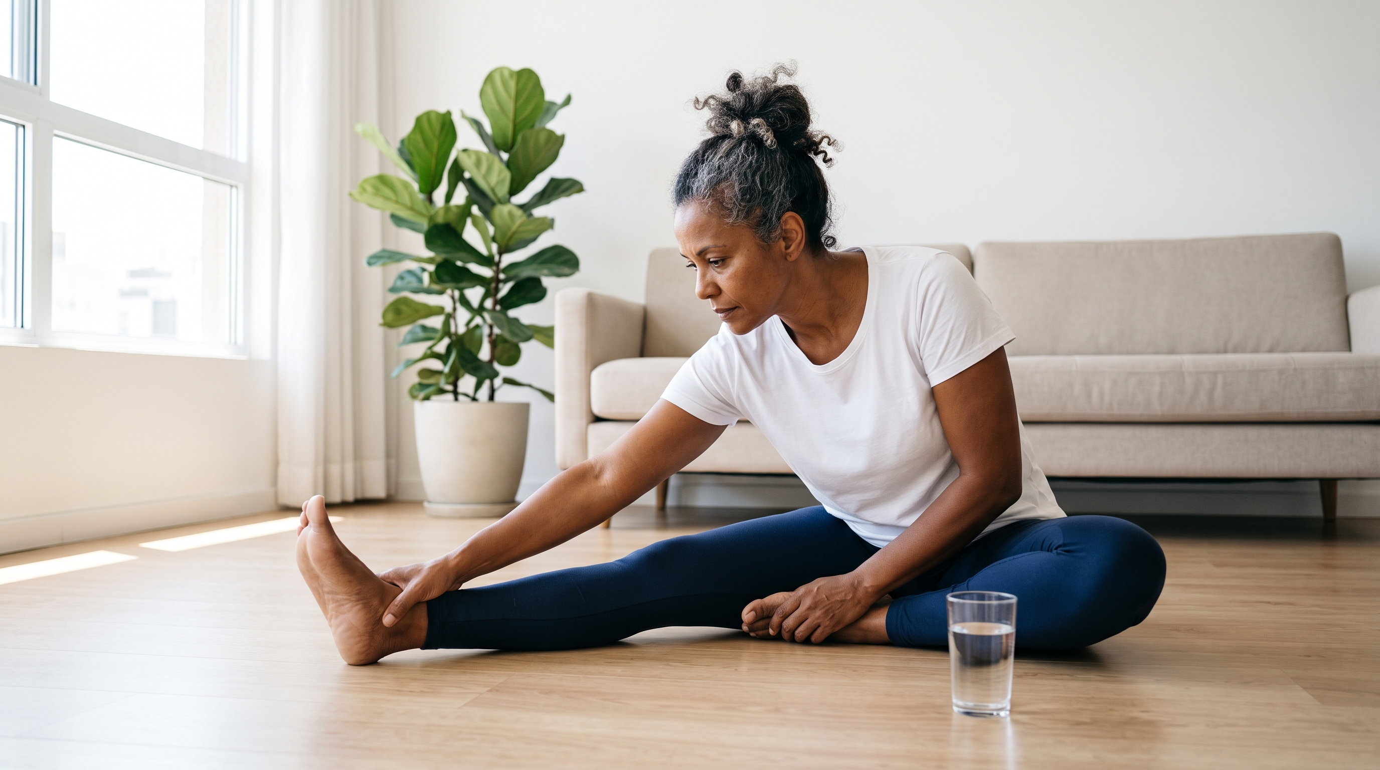 Mulher madura de pele morena vestindo calça esportiva azul, sentada no chão da sala com expressão focada enquanto realiza um alongamento suave de yoga.