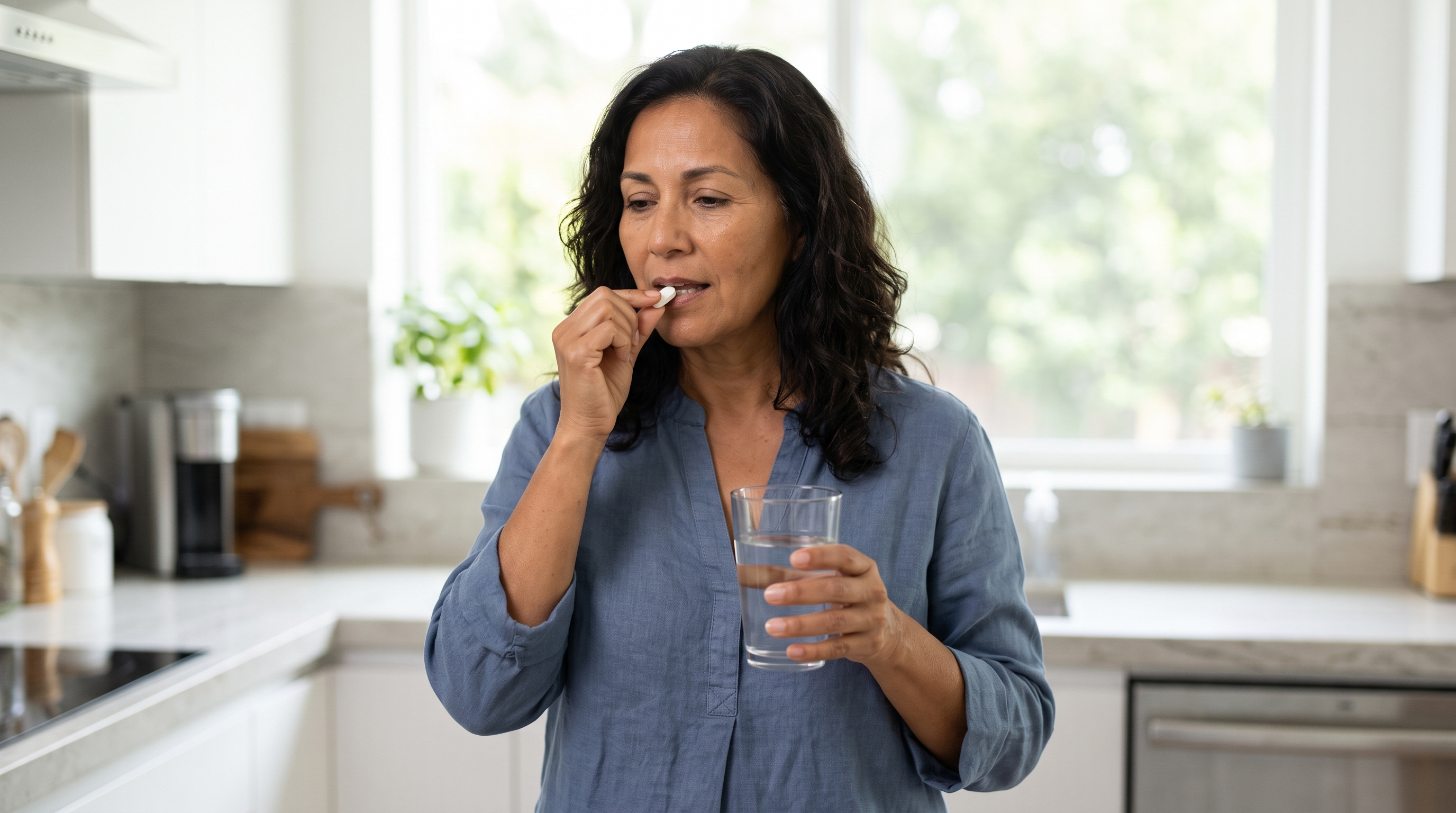 Mulher madura de pele morena e cabelos escuros ondulados, vestindo uma blusa azul, em pé em uma cozinha clara enquanto segura um copo de água e toma uma pílula de suplemento com expressão tranquila.