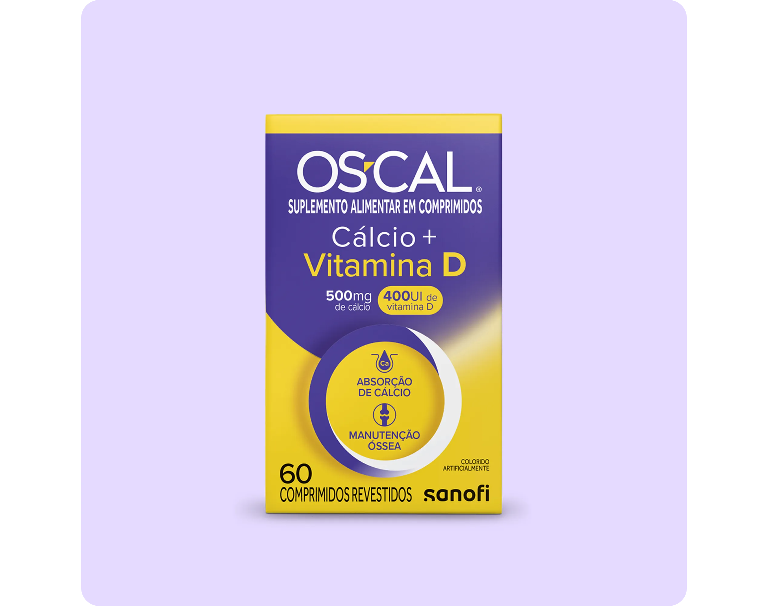 Visão frontal da embalagem amarela do suplemento Oscal Cálcio + Vitamina D 400UI.