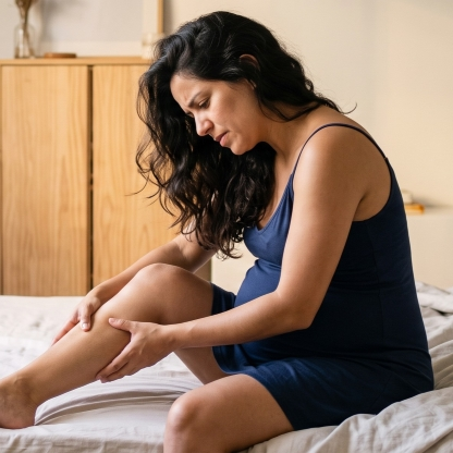 Mulher grávida de pele morena e cabelos escuros, vestindo uma camisola azul, sentada na beira da cama massageando a própria panturrilha com expressão de dor e desconforto muscular.
