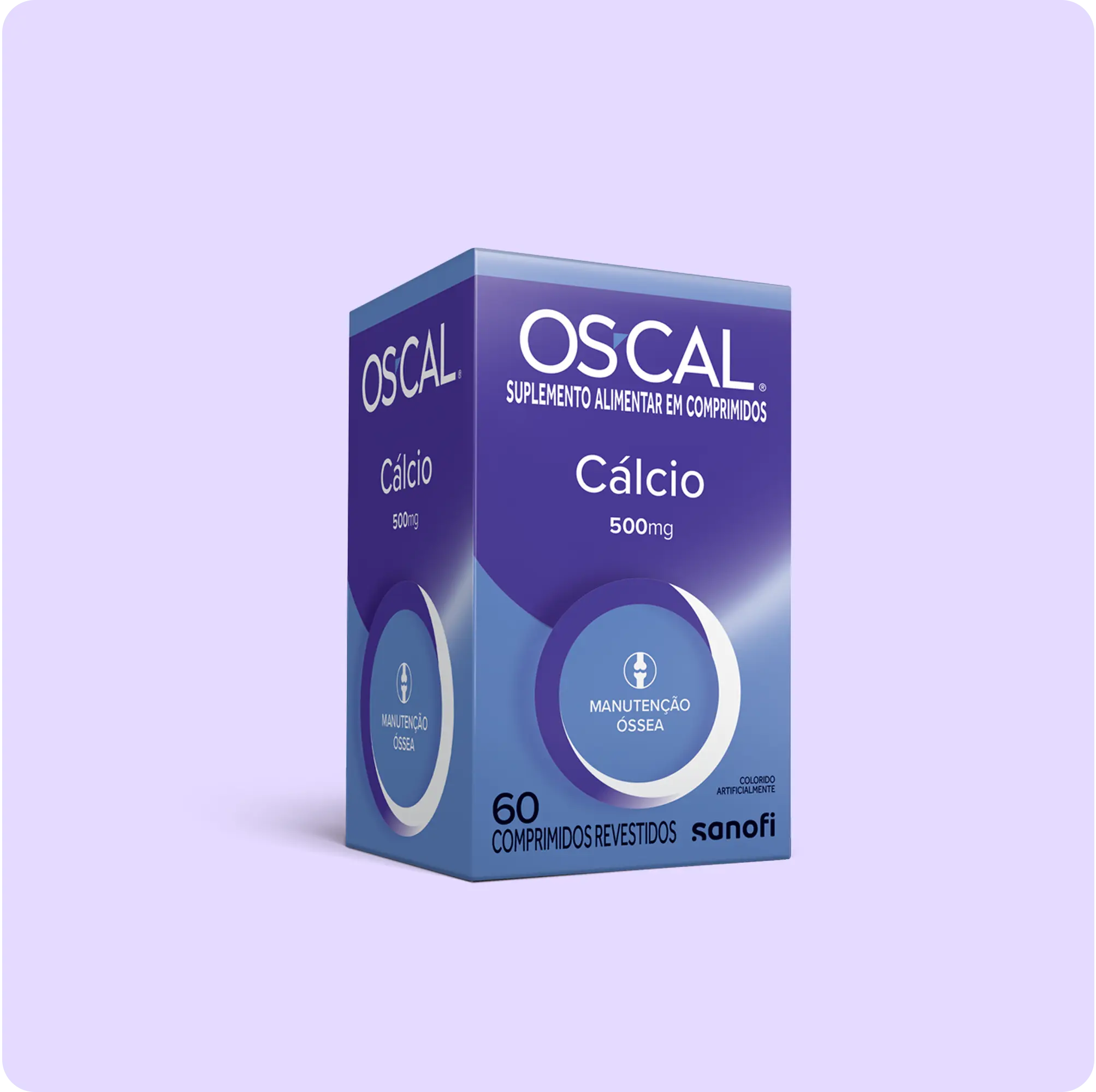 Visão em perspectiva da embalagem azul do suplemento Oscal Cálcio 500mg.