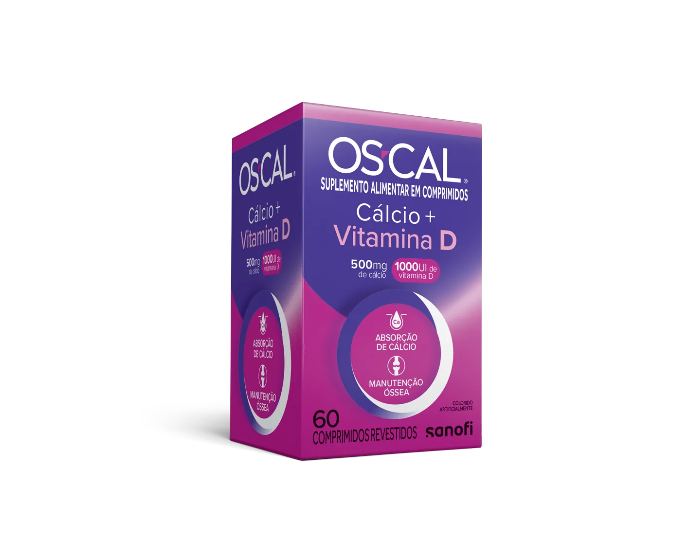 Visão em perspectiva da embalagem rosa do suplemento Oscal® Cálcio + Vitamina D 1000UI