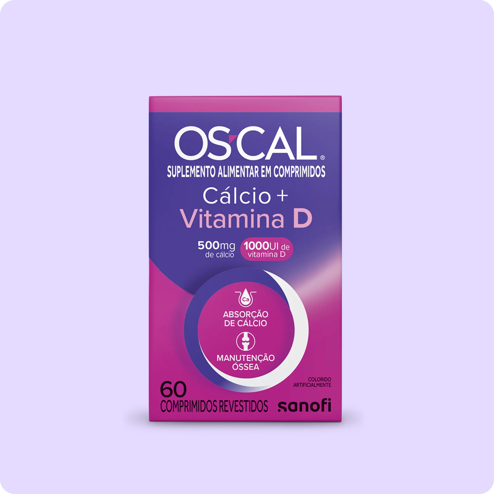 Visão frontal da embalagem rosa do suplemento Oscal Cálcio + Vitamina D 1000UI
