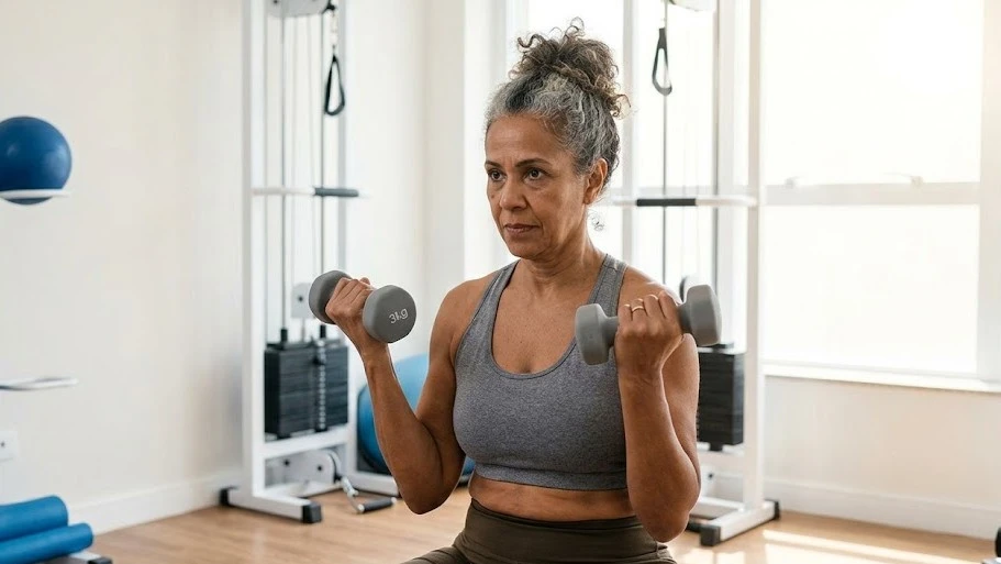 Uma mulher idosa com expressão focada levanta halteres pequenos e cinzas em uma clínica de reabilitação moderna. Ela realiza um exercício de resistência muscular. 