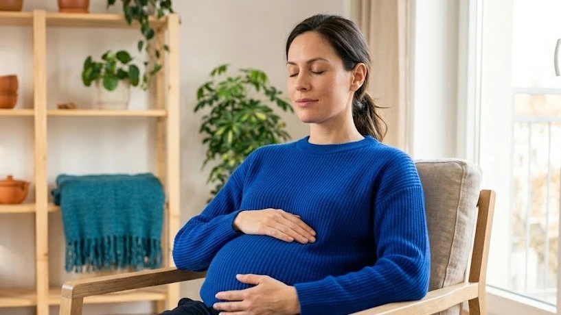 Fotografia fotorrealista de 'vida doméstica' de uma gestante de suéter cobalto profundo, sentada confortavelmente em uma poltrona de madeira clara, apoiando as mãos na barriga com expressão tranquila e serena, com os olhos fechados. No fundo desfocado, uma estante de madeira clara com vasos de terracota e tecidos teal, sob luz natural suave.