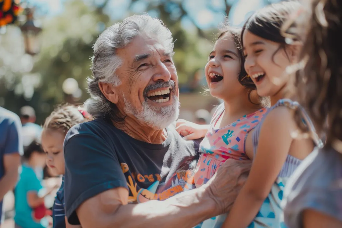 Um avô com cabelos grisalhos ri alegremente enquanto segura suas duas netas, que também estão rindo, simbolizando a saúde e a energia em diferentes fases da vida, como para crianças e idosos.